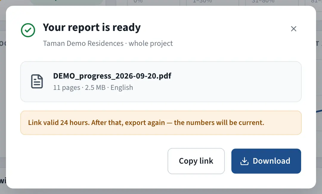 The export dialog: the PDF report is ready to download